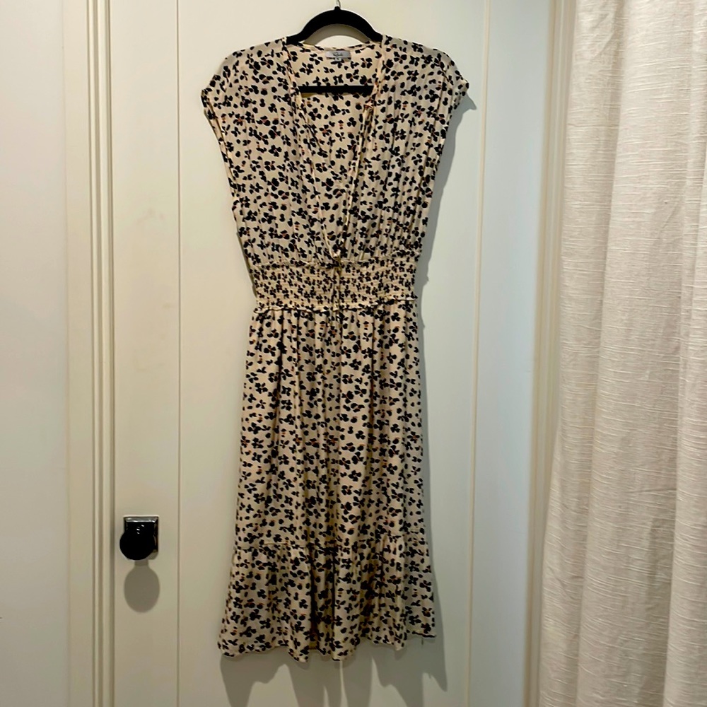Rails flower print cap sleeve smocked waist tie neck dress